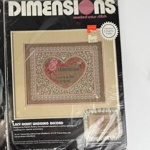 Dimensions 3673 Lacy Heart Wedding Record Ctd Cross Stitch Kit Linen Karen Avery